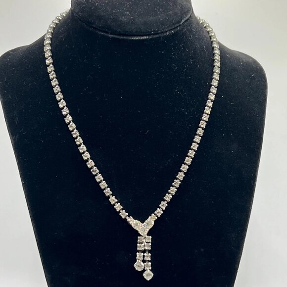 Vintage 1950s Clear Glass Rhinestone drop Necklace 16” Evening Wedding Jewelry - Picture 4 of 6